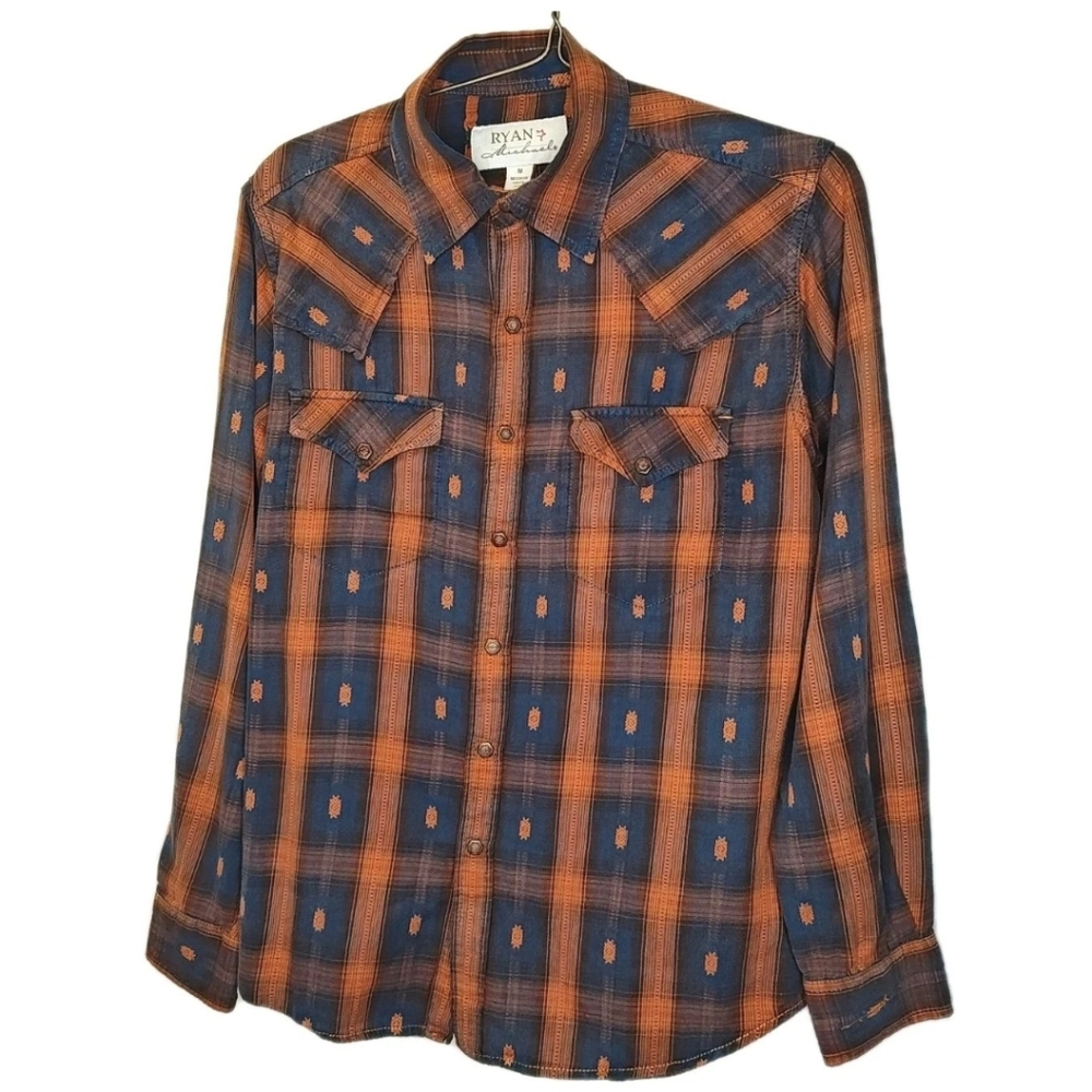 Ryan Michael Western Pearl Snap Shirt Med Espresso Aztec Southwestern Tribal